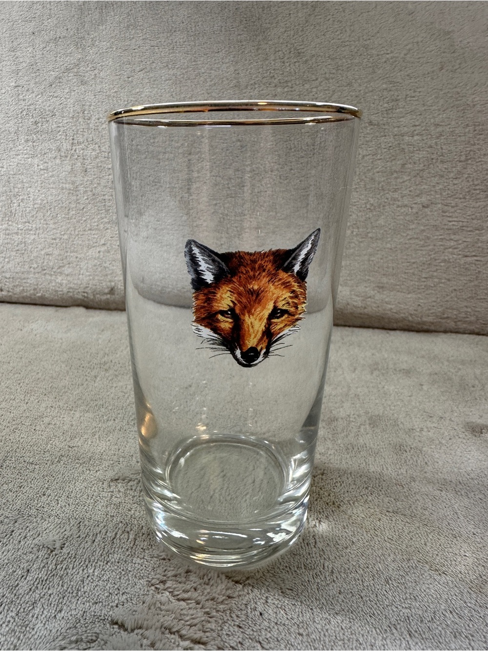Richard Bishop Clear 12 oz Glass Tumbler Drinking Glass w/ Fox Design & Gold Rim